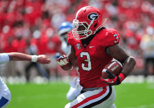 Rookie RB Todd Gurley has been a beast for Georgia so far this season, and will be looking to pile on the yards against South Carolina this Saturday.