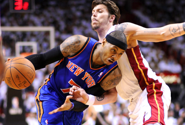 'Melo driving during his 50 point game against the Miami Heat.