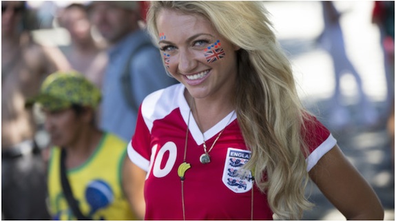 England fan Sarah Jayne Hart relaxes in Praca Sao Sebastiao, in front of the Teatro Amazonas opera house, ahead of England's opening game in the FIFA World Cup on June 14, 2014 in Manaus, Brazil. Group D teams, England and Italy, will play their opening match of the 2014 FIFA World Cup when they meet in Manaus this evening.