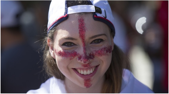 An England fan relaxes in Praca Sao Sebastiao, in front of the Teatro Amazonas opera house, ahead of England's opening game in the FIFA World Cup on June 14, 2014 in Manaus, Brazil. Group D teams, England and Italy, will play their opening match of the 2014 FIFA World Cup when they meet in Manaus this evening.