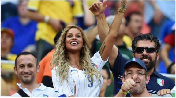 Fanny Neguesha, fiancee of Mario Balotelli of Italy, cheers in the crowd during the 2014 FIFA World Cup Brazil Group D match between England and Italy at Arena Amazonia on June 14, 2014 in Manaus, Brazil.