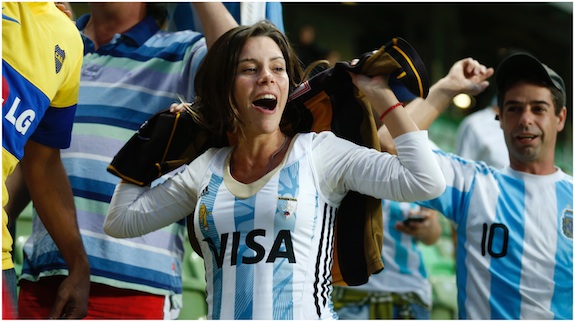 Argentine fans cheer for their team before the start of a training session at Independencia Stadium in Belo Horizonte, Brazil, Wednesday, June 11, 2014. Argentina will play in group F of the Brazil 2014 soccer World Cup. 